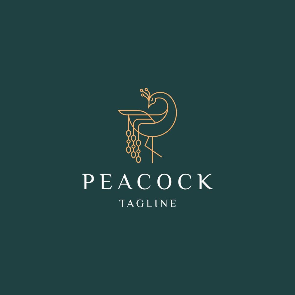 peacock line art elegant guld färg logotyp ikon design mall platt vektorillustration vektor