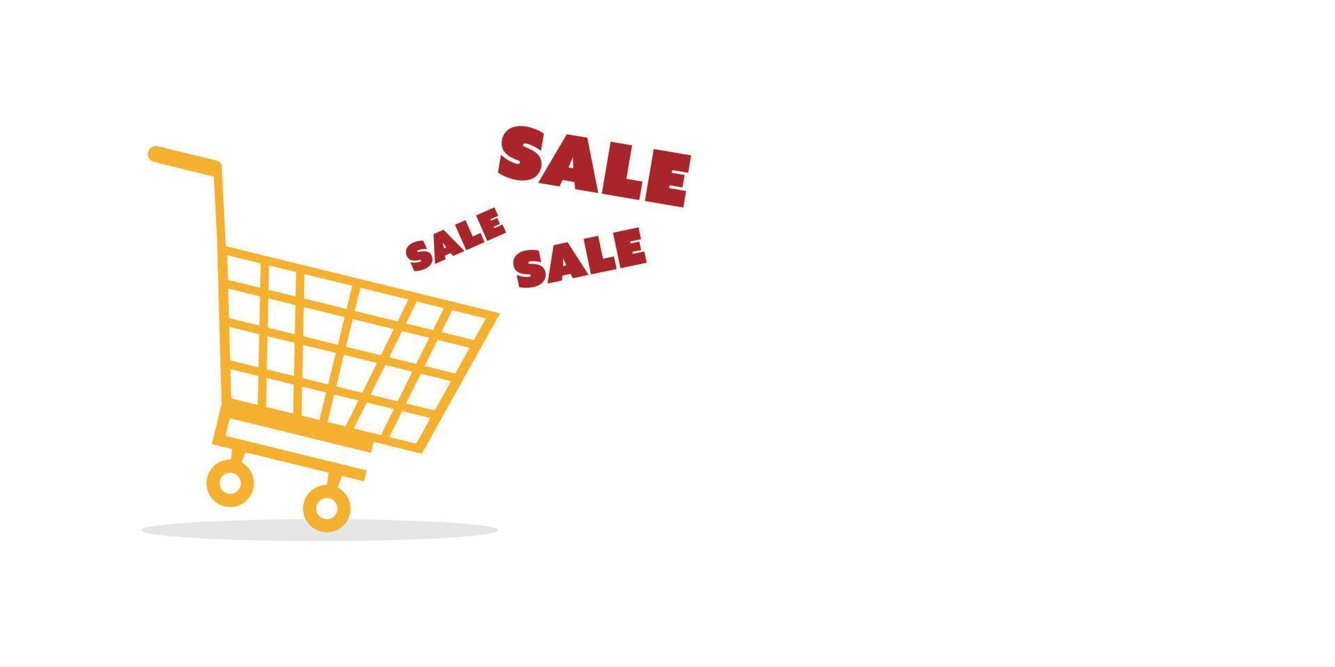 Einkaufskonzept. gelber Einkaufswagen mit rotem Textverkauf auf weißem Hintergrund. Online-Shop, Black Friday und Mid-Year-Sale. vektor
