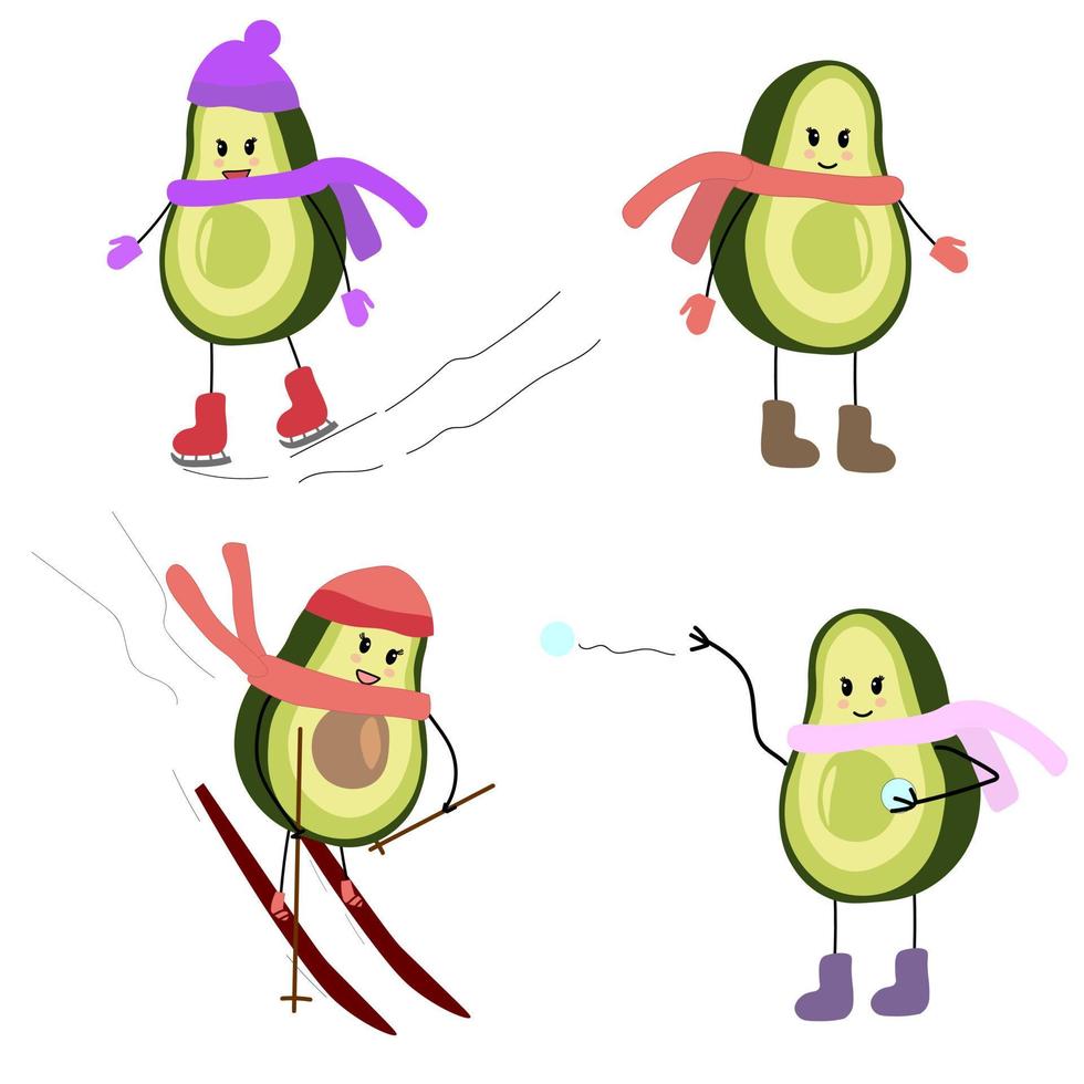 uppsättning vektor illustrationer karaktär avokado flicka och vinter aktiva spel. skridskoåkning, skidåkning, snöbollskrig.