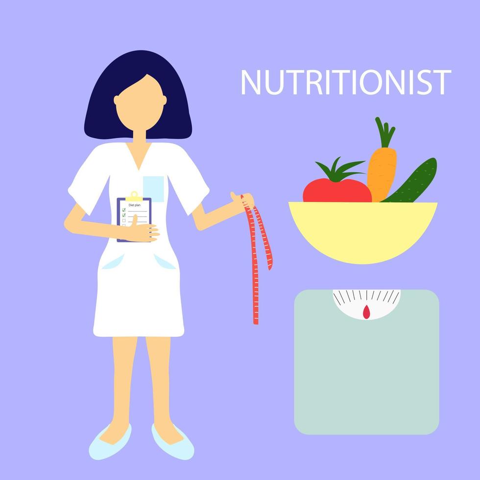 vektor illustration av en kvinnlig läkare nutritionist, illustration i mycket peri färg. hälsosam livsstilsplan.