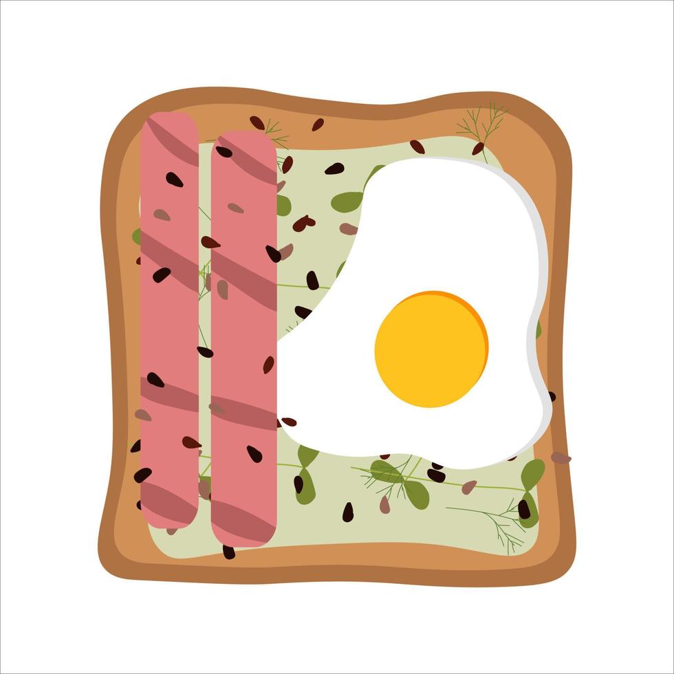 rostat bröd med stekt ägg och korv till frukost. platt vektor illustration