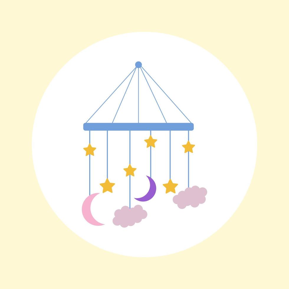 vektorillustration av en babymobil i spjälsängen med en månad, stjärnor och moln. blå mobil på gul bakgrund. pojkens mobil vektor