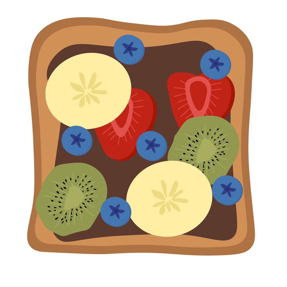 Schokoladen-, Bananen-, Heidelbeer-, Erdbeer- und Kiwi-Toast. Gesundes Snack-Frühstück mit Beeren vektor