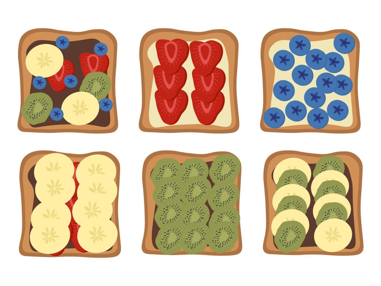 ställ in rostat bröd med choklad, banan, blåbär, jordgubb och kiwi. hälsosam mellanmål frukost med bär och frukt. vektor