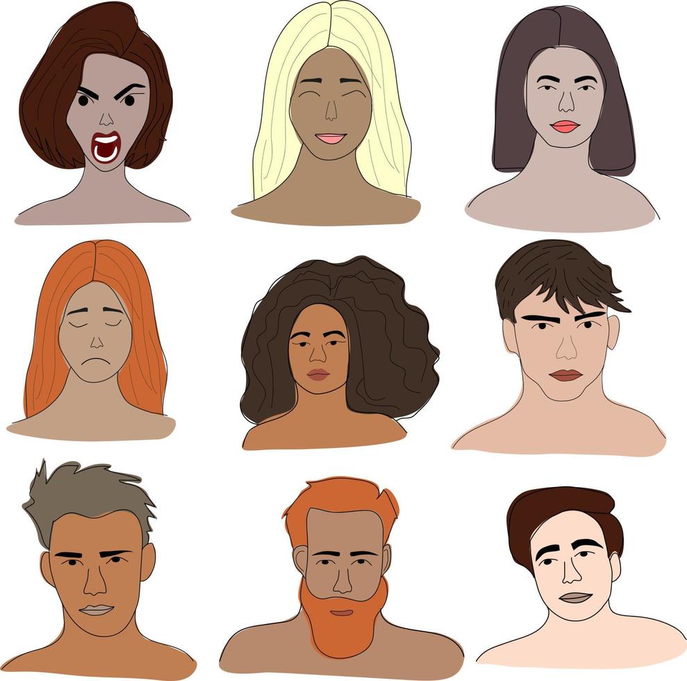 uppsättning vektor illustrationer doodle ansikten av människor