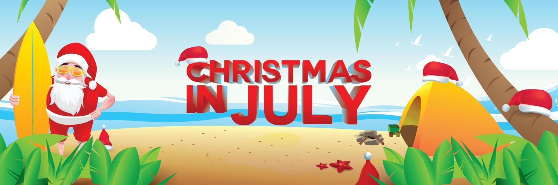 weihnachten im juni, juli, august, für plakat, marketing, werbung, sommerschlussverkauf, grußkarte. weihnachtsmann im sommer mit kopierraum für text vektor