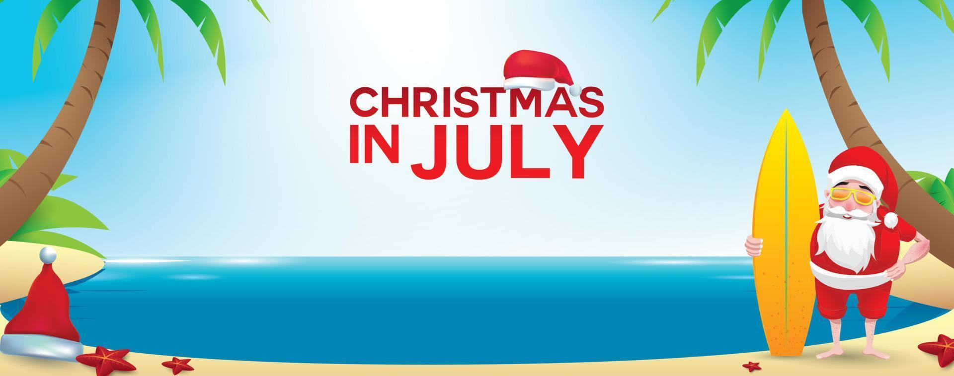 weihnachten im juni, juli, august, für plakat, marketing, werbung, sommerschlussverkauf, grußkarte. weihnachtsmann im sommer mit kopierraum für text vektor