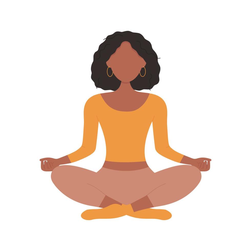 Schöne afroamerikanische Frau, die im Lotussitz sitzt und meditiert. Meditation, gesunder Lebensstil und Yoga. Vektor-Illustration im flachen Stil isoliert auf weißem Hintergrund vektor