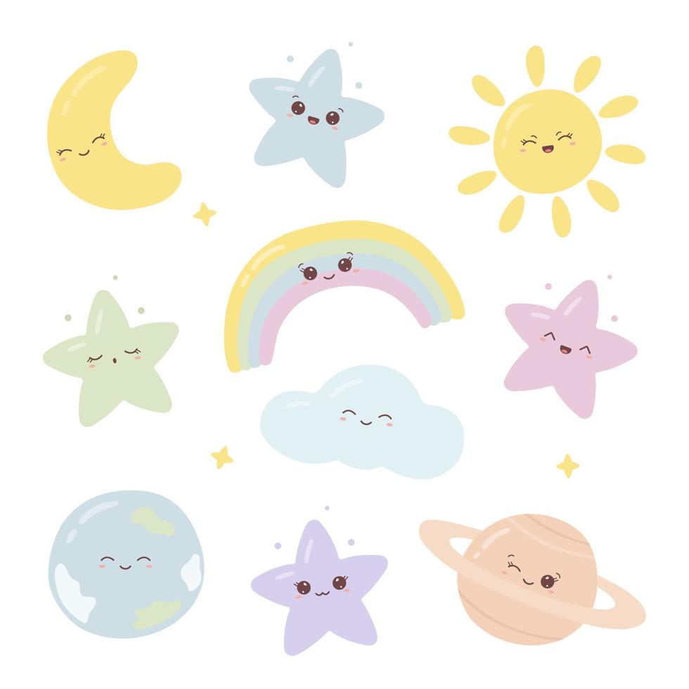 Sammlung von Weltraum- und Himmelselementen mit lustigen Gesichtern. süße kawaii planeten, sterne, regenbogen, sonne, halbmond und wolke. Vektor-Illustration vektor