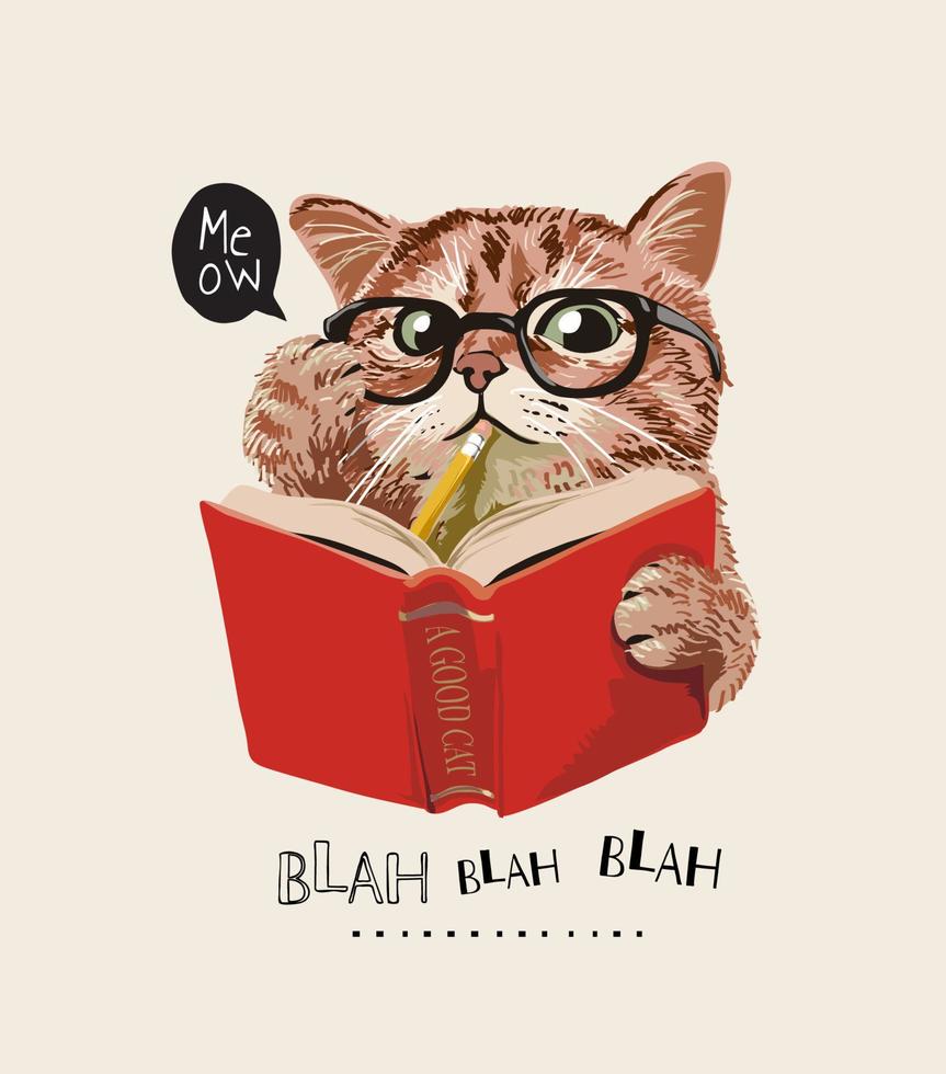 lustige katze in den gläsern, die eine buchvektorillustration lesen vektor