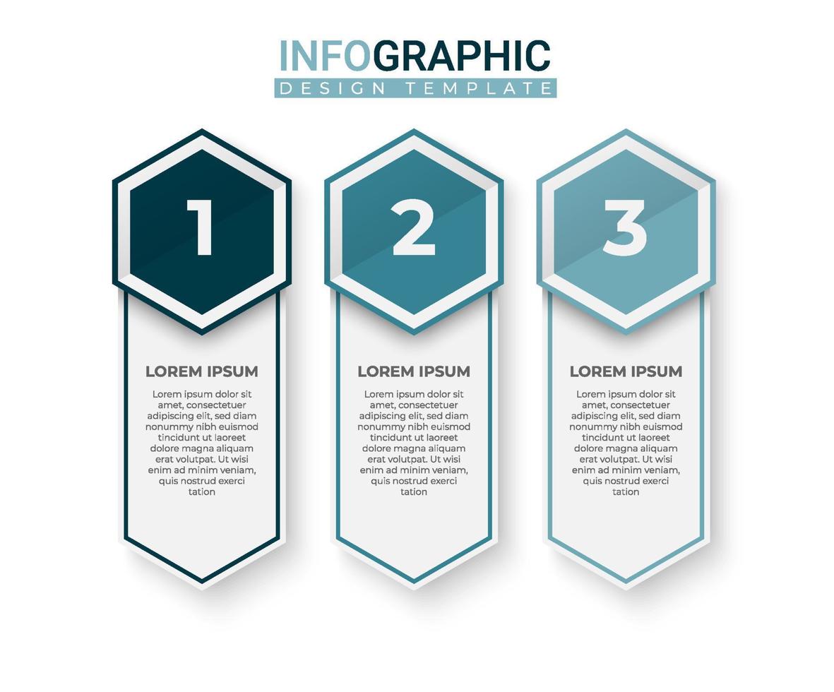 moderne Infografik mit vertikalem Etikett in 3-Schritten-Elementen. Geschäftsinformationsetikett mit sechseckiger Form vektor