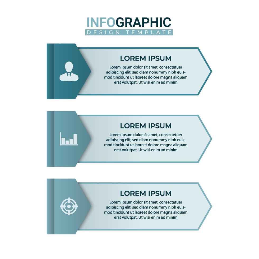 moderne horizontale etiketteninfografik in 3-schritten-elementen. Grafikvorlage für Geschäftsinformationen mit Symbolen vektor