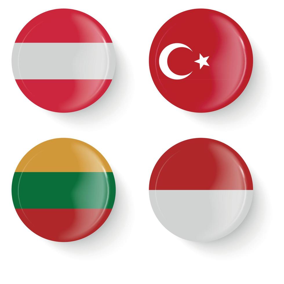 runda flaggor från Österrike, Turkiet, Litauen och Monaco. stiftknappar. märken nål brosch, klistermärken. vektor