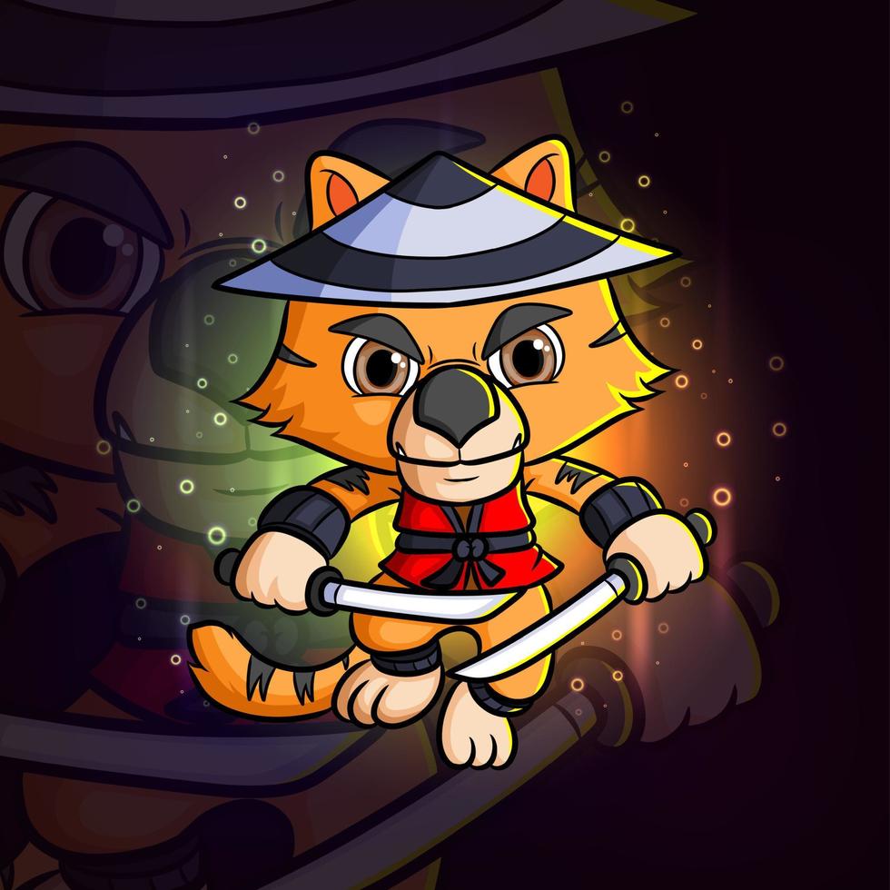 Der Ninja-Tiger hält das Zwillings-Katana-Esport-Maskottchen-Design-Logo vektor