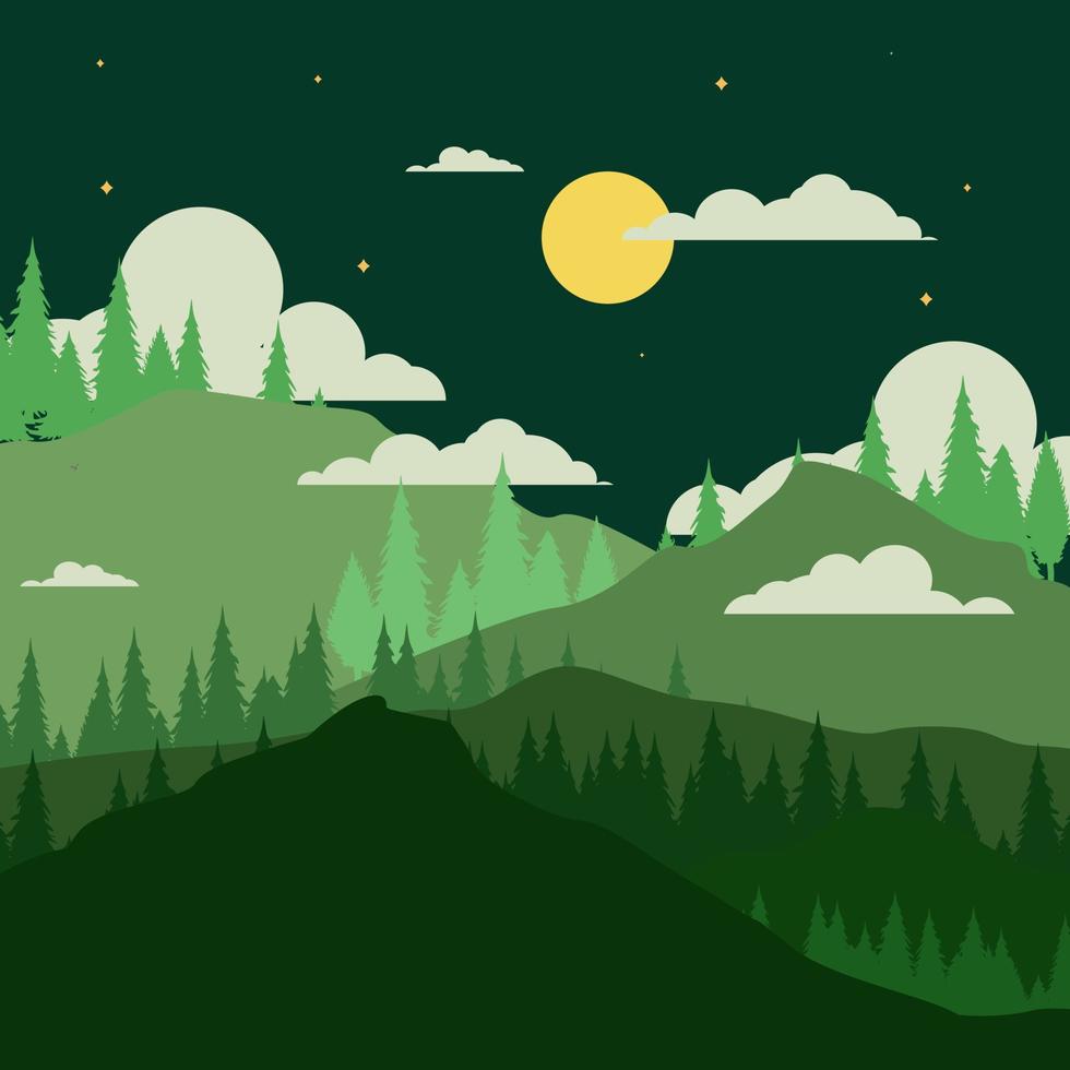 nächtlicher tropischer Wald und Berge Silhouette Hintergrund Illustration vektor