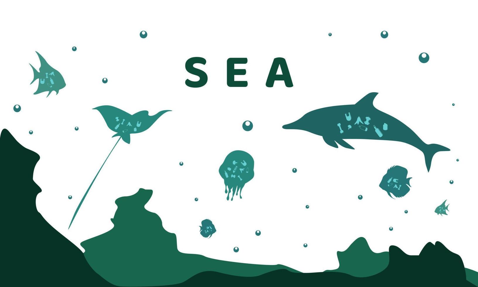 World Ocean Day, miljöillustration av marina djur som konsumerar sopor vektor