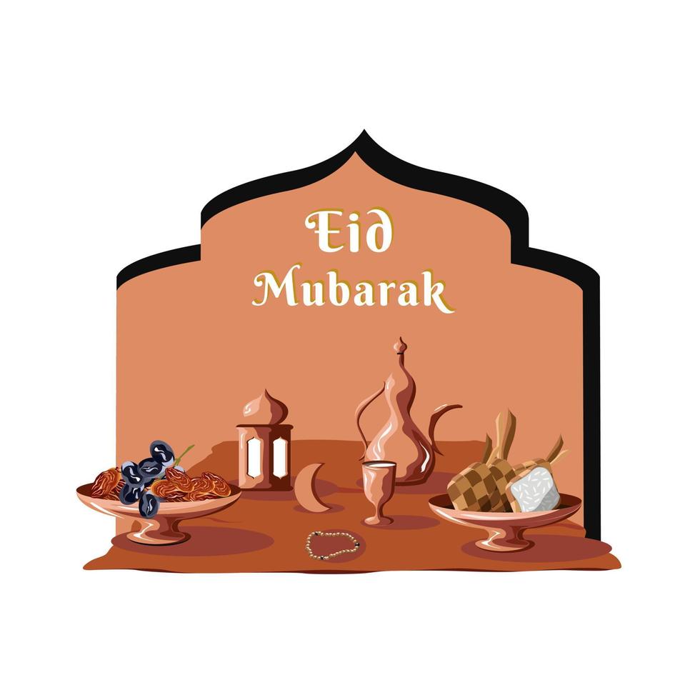 eid mubarak vektor, illustration und lebensmittel mit islamischen lichtern für werbemedien und designprojekte vektor