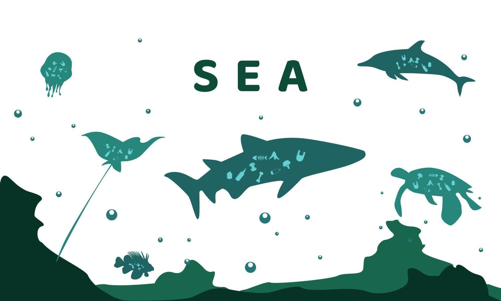 World Ocean Day, miljöillustration av marina djur som konsumerar sopor vektor