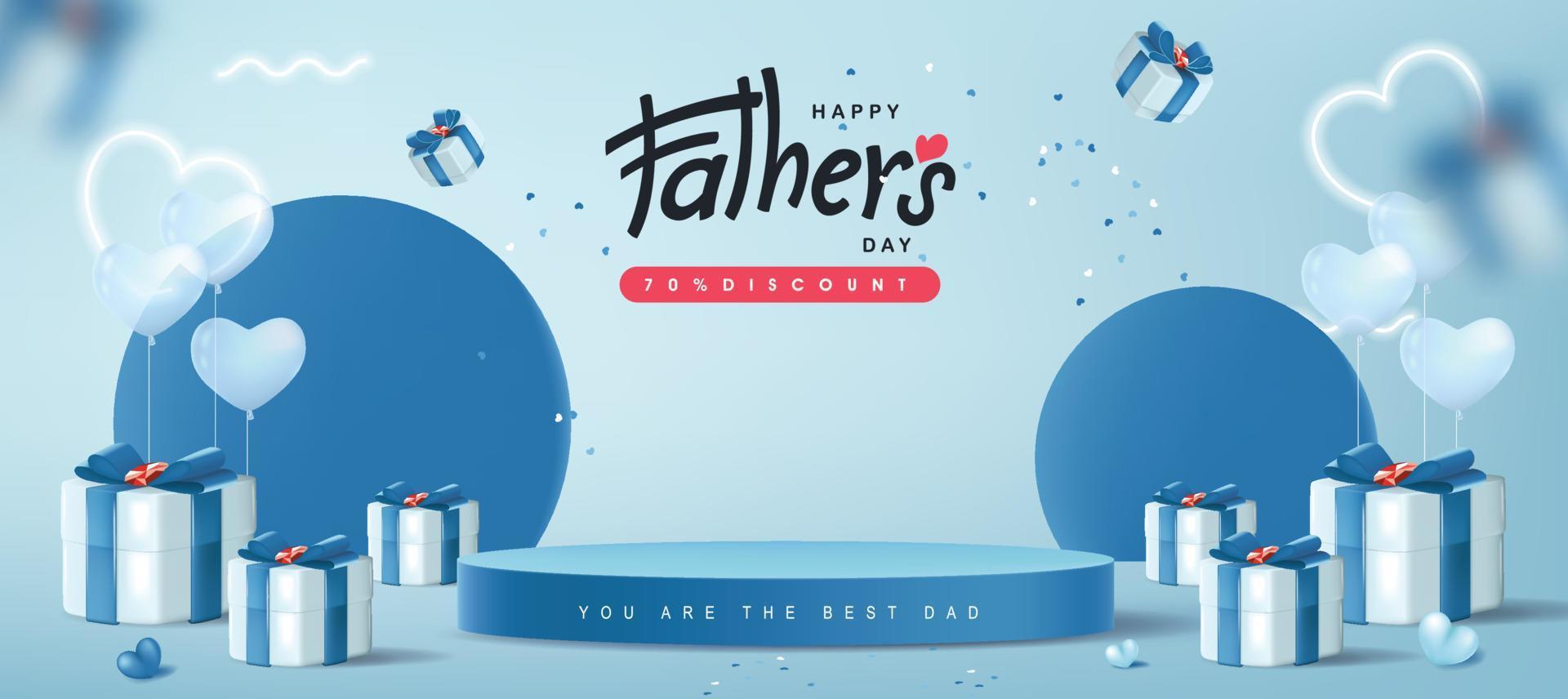 Vatertagskarte mit zylindrischer Produktanzeige und Geschenkbox für Papa auf blauem Hintergrund vektor