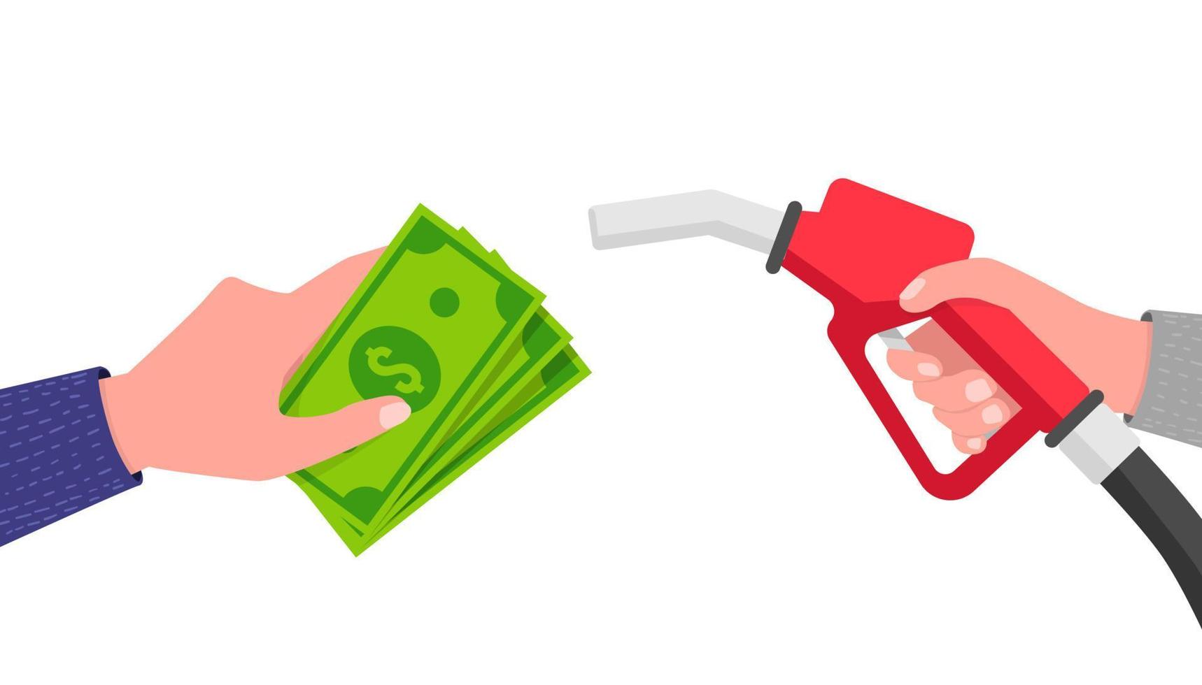 betalning för bränsle, köpa bensin koncept. bränslepump i hand man i utbyte mot pengar. vektor