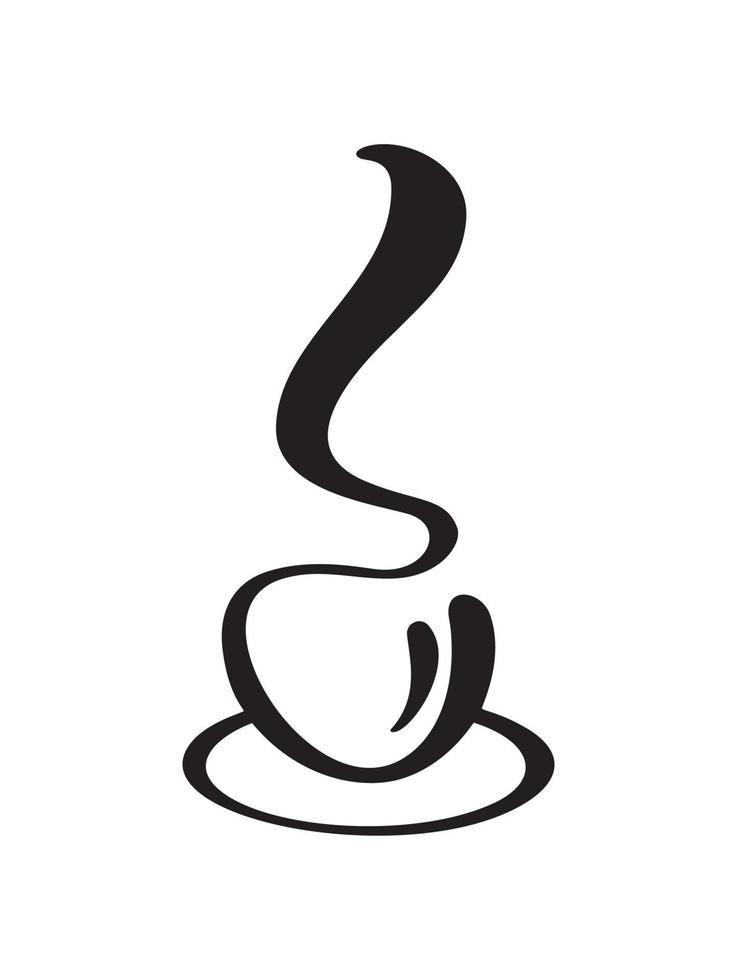 Vektorkalligrafie Kaffee- oder Teetasse auf Untertasse. kalligraphische schwarz-weiß-illustration. handgezeichnetes design für logo, symbolcafé, menü, textilmaterial vektor
