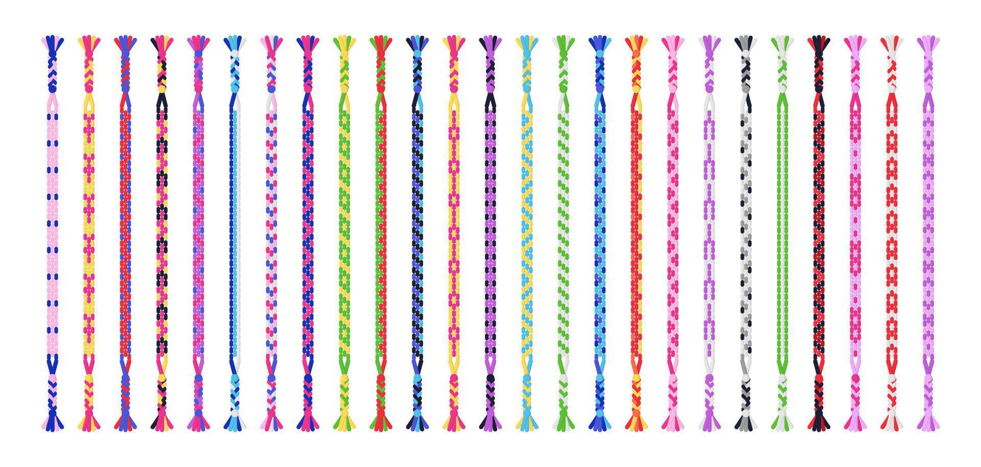 Mehrfarbige handgefertigte Freundschaftsbänder aus Fäden oder Perlen. Tutorial für normale Makramee-Muster. vektor