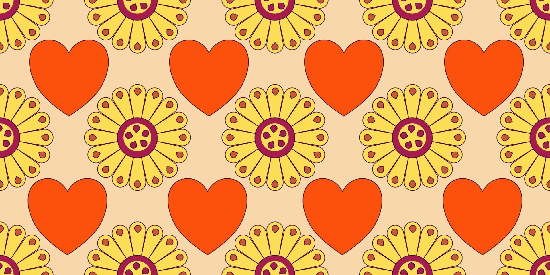 groovy y2k retro seamless mönster med blomma och hjärta. retro vektor illustration. groovy blomma bakgrund. färgglad hippie seamless mönster illustration.