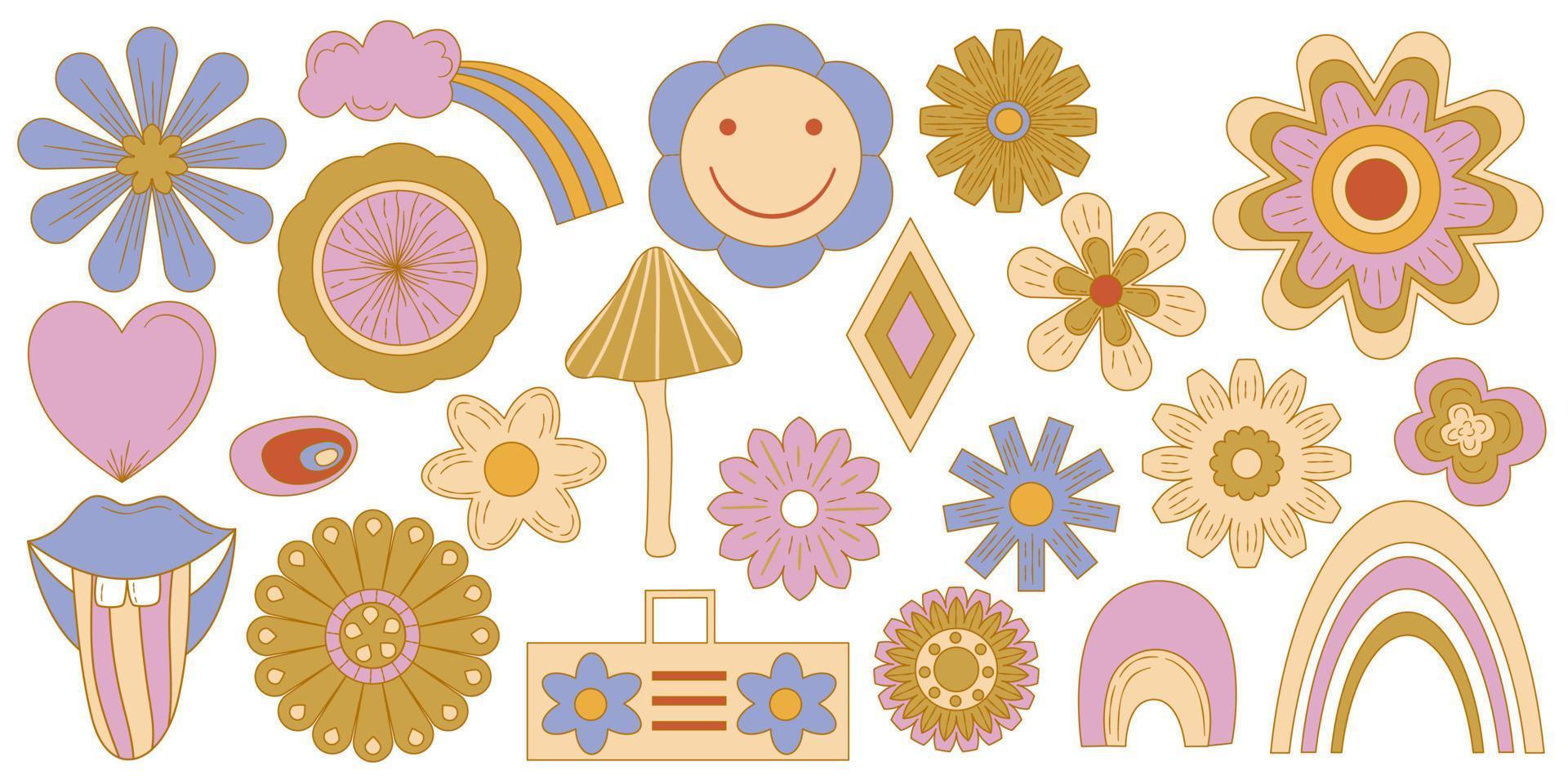 hippie groovy clipart set med blomma, regnbåge, läpp isolerad på vit bakgrund retro glad blomma daisy vektor konstillustration. isolerade vektor illustration