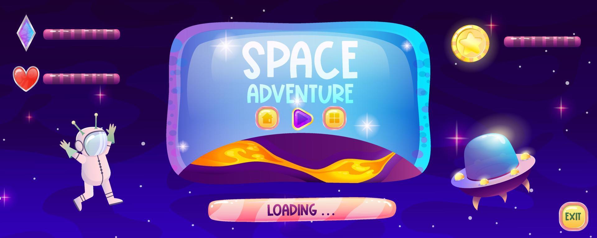 space game ui hauptbildschirm mit schaltflächen, starten und herunterladen. Bildschirm mit Planeten, Herzindikatoren, Kristallen und Münzen, fliegendem Astronauten-Alien. Cartoon-Vektor-Illustration für App-Spielmenü. vektor