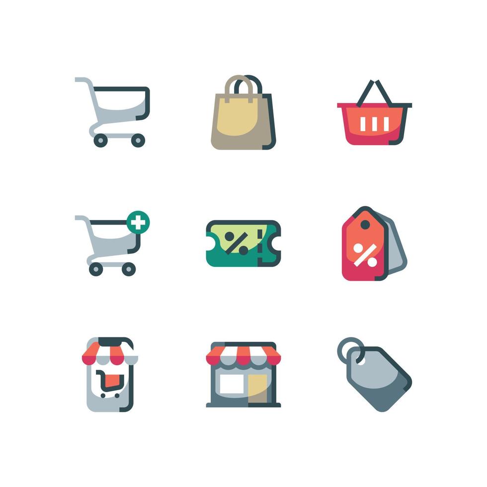 shopping e-handel Ikonuppsättning med kundvagn och försäljning vektor ikoner