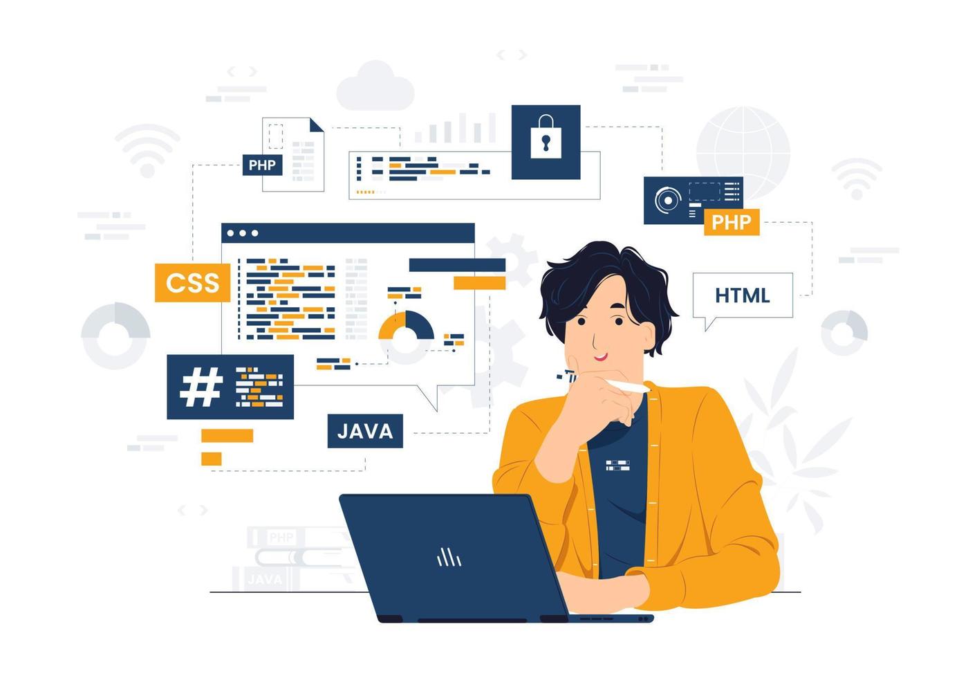 vektor koncept illustration programmerare, ingenjör med bärbar dator som sitter vid skrivbordet och håller en penna medan han kodar och utvecklar platt tecknad stil