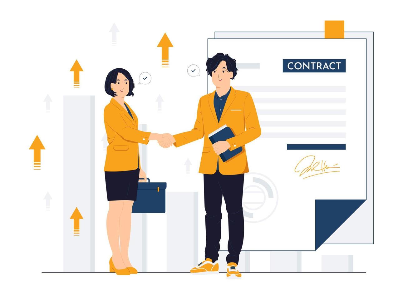 vektor konceptillustration av två affärspartners handskakning, möte, partnerskap, affärsuppgörelse, avtal, underteckna ett kontrakt platt tecknad stil
