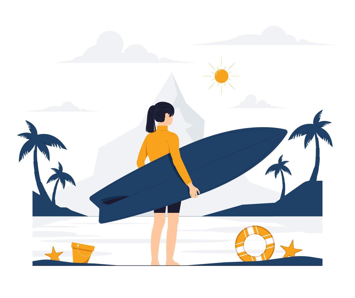 vektorkonzeptillustration der jungen schönen frau, die von hinten mit einem surfbrett auf strand, flacher karikaturstil der sommerzeit steht vektor