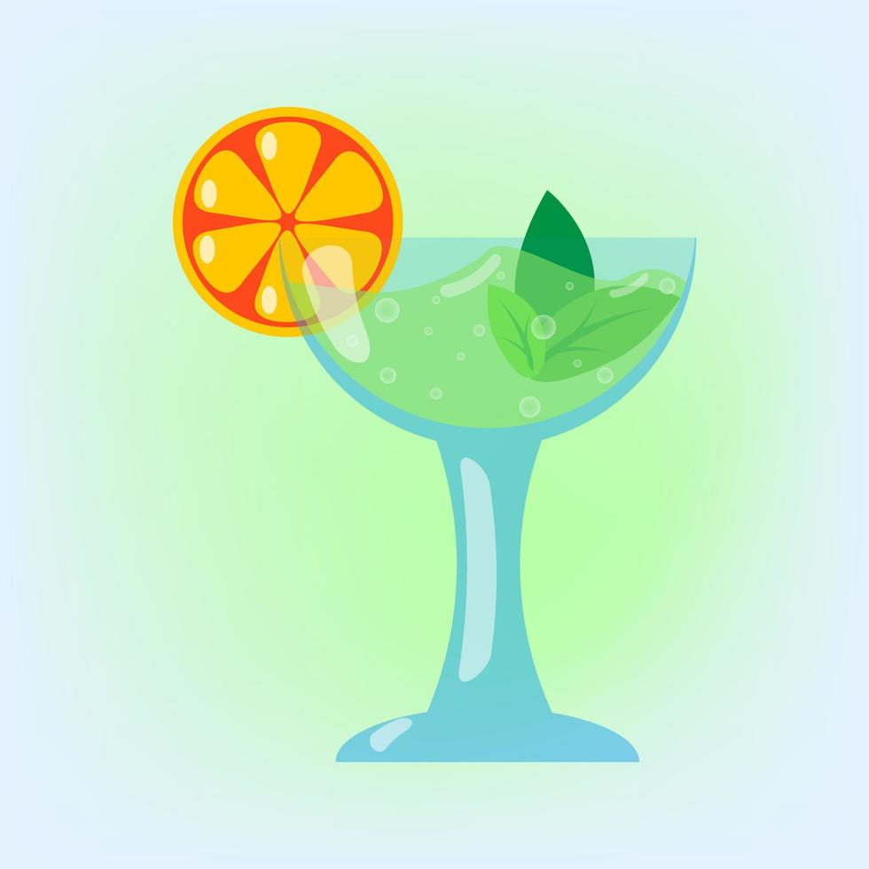 Frischer Mojito-Saft mit Minze und Orange im Weinglas für Urlaub oder Party auf hellgrünem Hintergrund. vektor