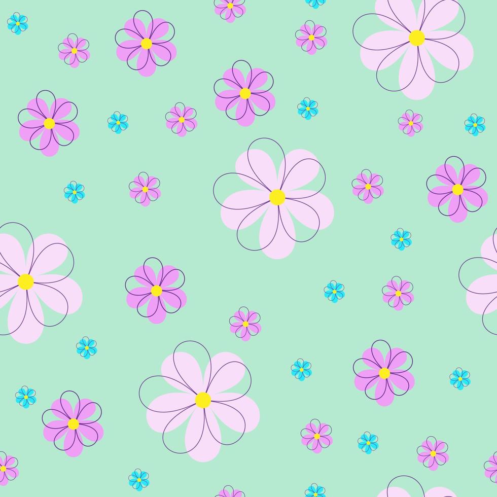 florales nahtloses muster, niedliche rosa und blaue karikaturblumen auf hellgrünem hintergrund. vektor