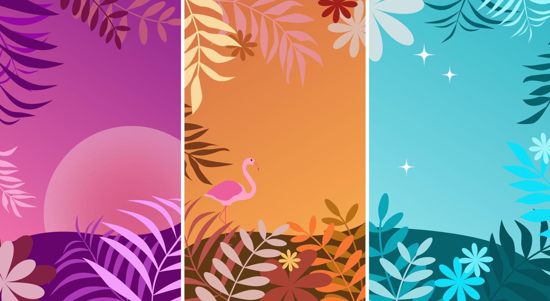 Reihe von abstrakten Sommerhintergrunddesigns zum Verkauf, Banner, Poster. flache Blumen, Palmblätter, Flamingo. vektor