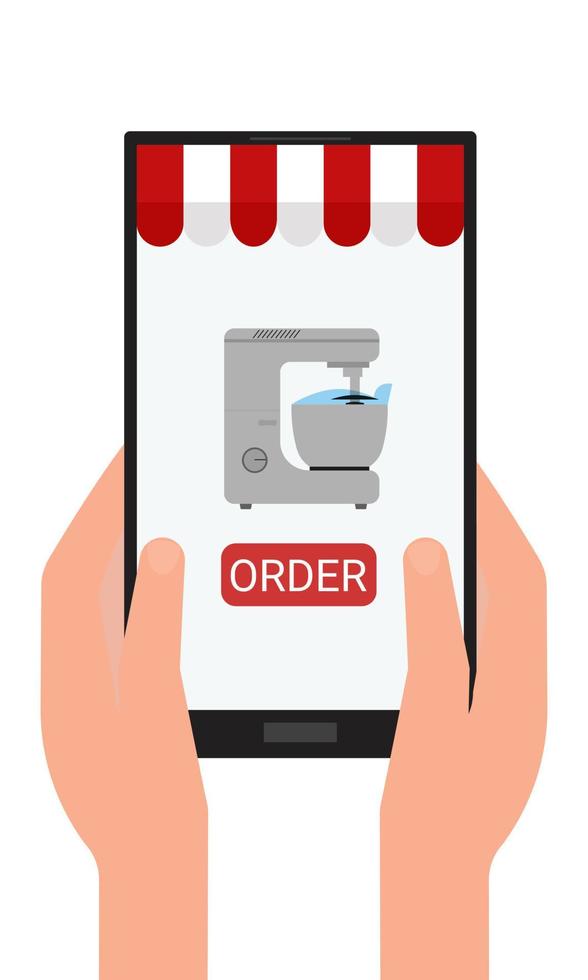 Bestellen Sie Küchengeräte über die mobile App. Bild von Händen, die ein Telefon oder Tablet halten. eben. Vektor-Illustration vektor