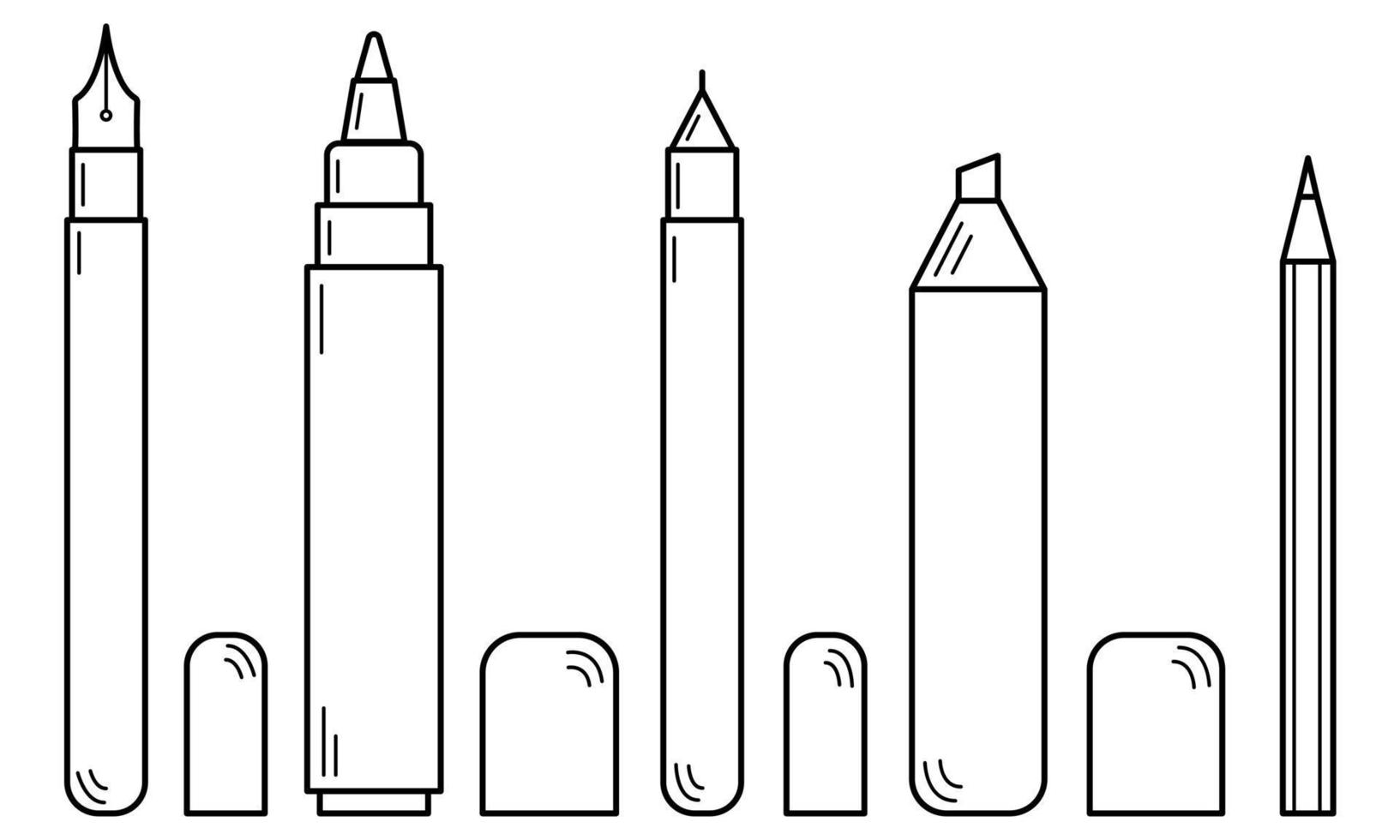 handgezeichneter satz von schreibmaterialien. Kugelschreiber, Filzstift, Bleistift, Füllfederhalter. Gekritzelskizze. Vektor-Illustration vektor