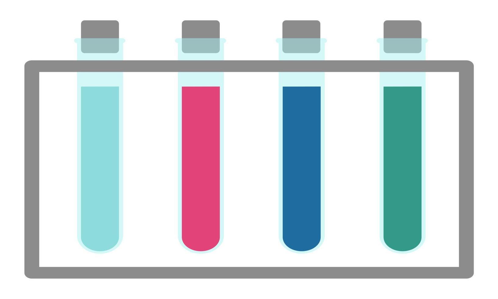 fyra kolvar på ett stativ med olika vätskor i olika färger. verktyg för laboratoriet. platt. vektor illustration