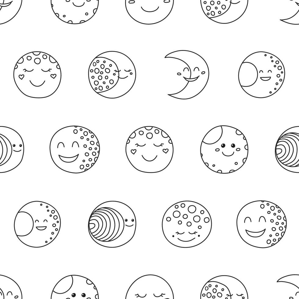 schwarz-weißes, nahtloses Muster mit Doodle-Umrissen, glücklichen Mondsymbolen. vektor