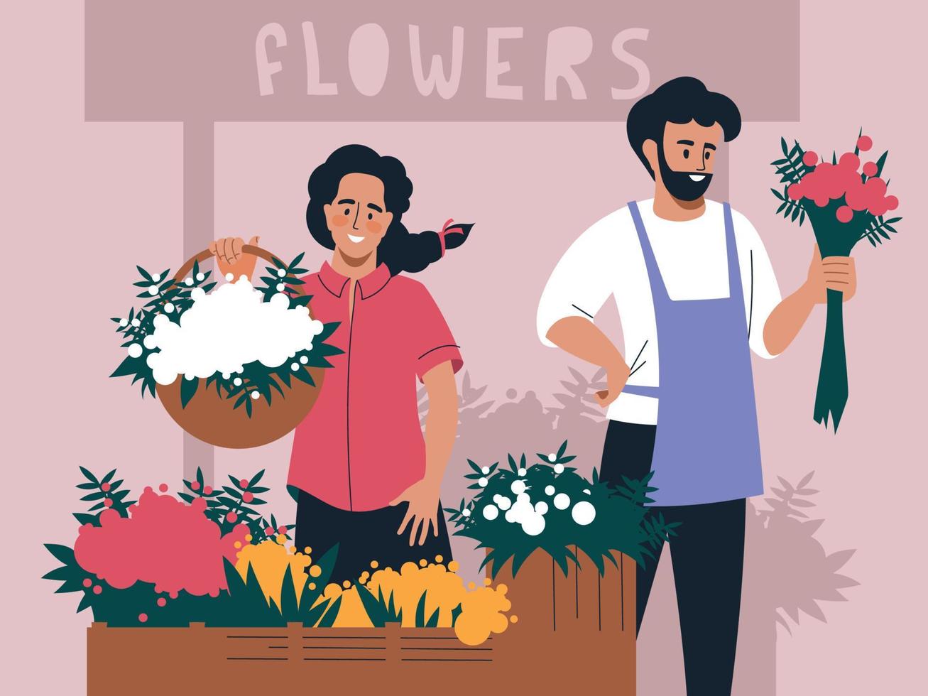 Menschen mit Blumen. Eine Frau und ein Mann verkaufen Blumen. Blumenmarkt. Vektorbild. vektor