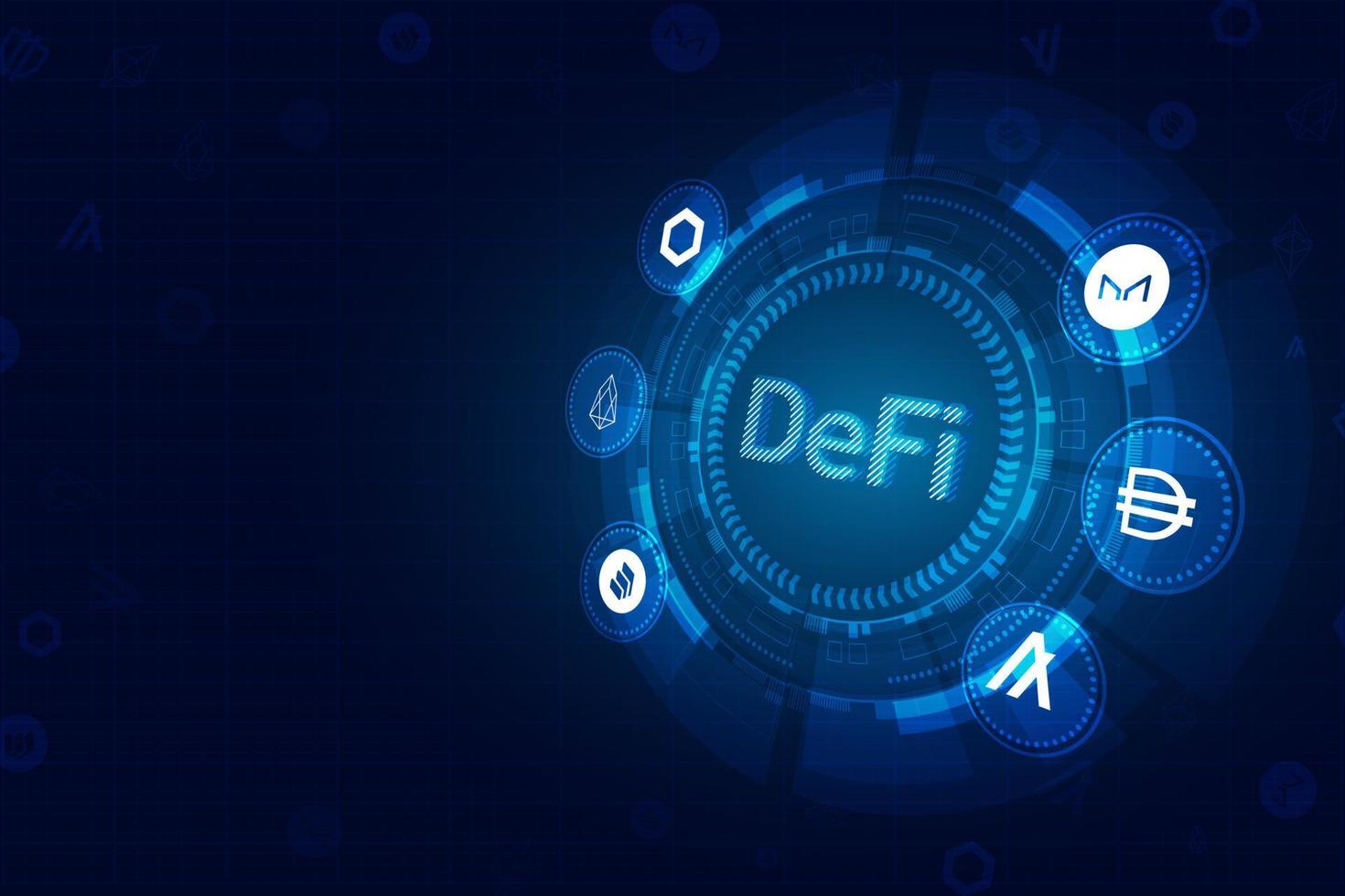 defi decentraliserad finansiering för utbyte cryptocurrency.finance system, block chain och walllet.circle blå mörk teknik system med alt mynt vektor ikon.