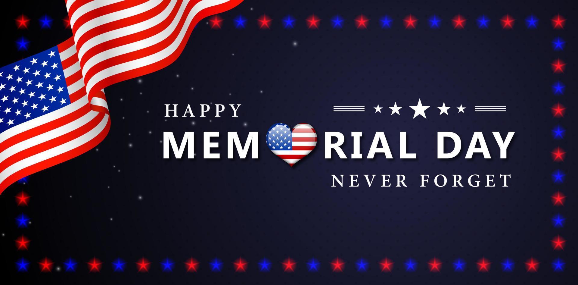 Happy Memorial Day Vergessen Sie nie den Hintergrund für Website-Banner, Posterunternehmen, Zeichengeschäft, Social-Media-Beiträge, Werbeagentur, Grußkarte, Anzeigenkampagne, Werbung, Zielseite, Header vektor