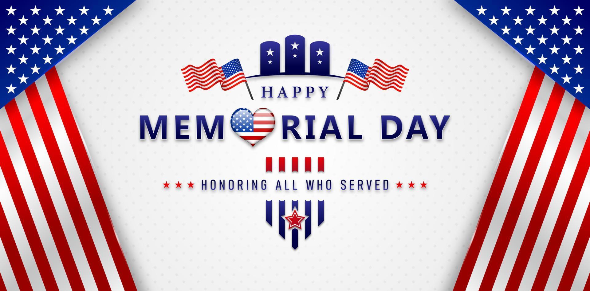 Happy Memorial Day-Flaggen rahmen Hintergründe für Website-Banner, Firmenplakate, Firmenschilder, Social-Media-Posts, Werbeagenturen, Tapeten, Hintergründe, Werbekampagnen, Zielseiten, Header-Webs ein vektor