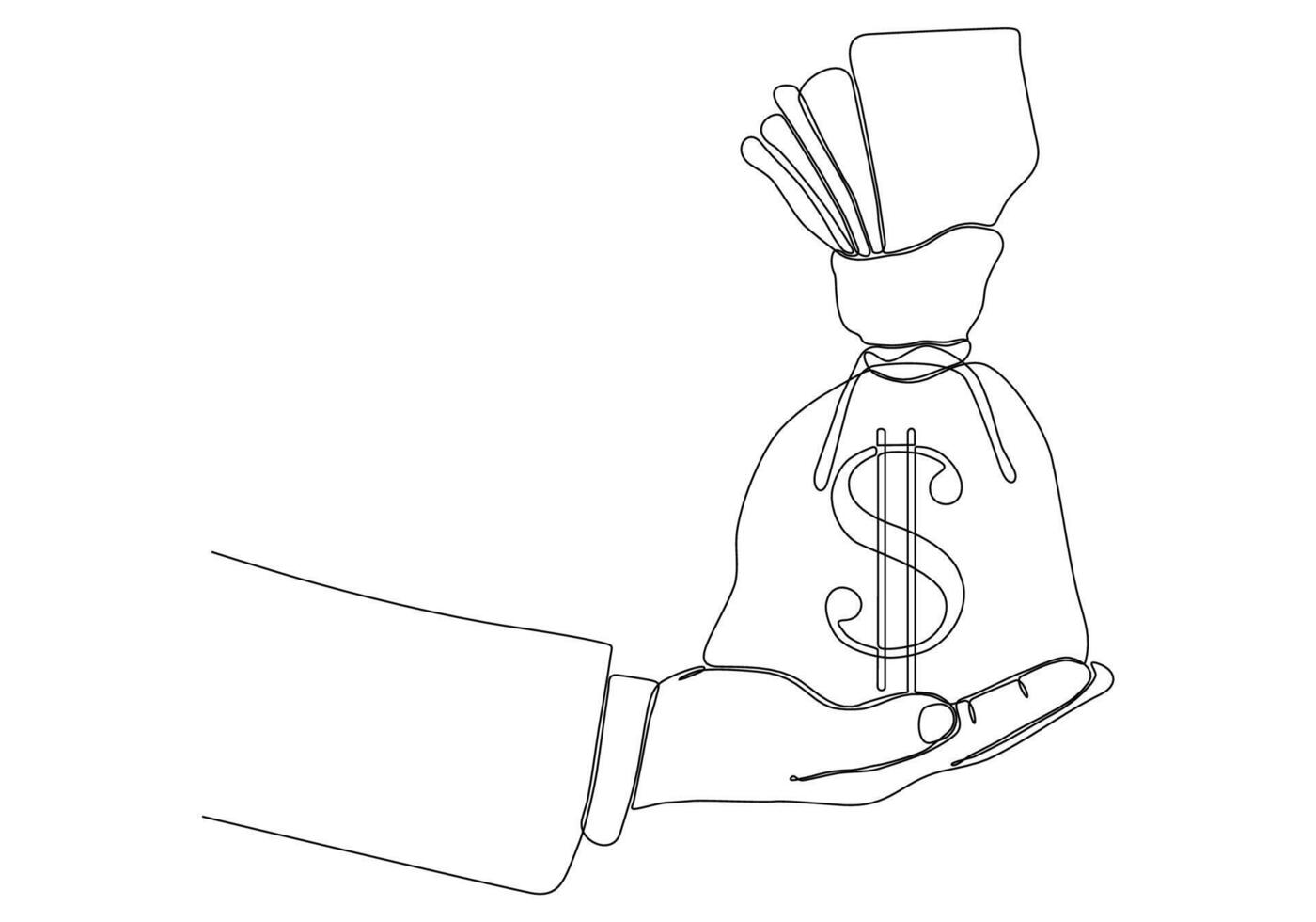 kontinuerlig linje hand som håller en säck med dollarsedlar, vektor illustration design. handsamling.