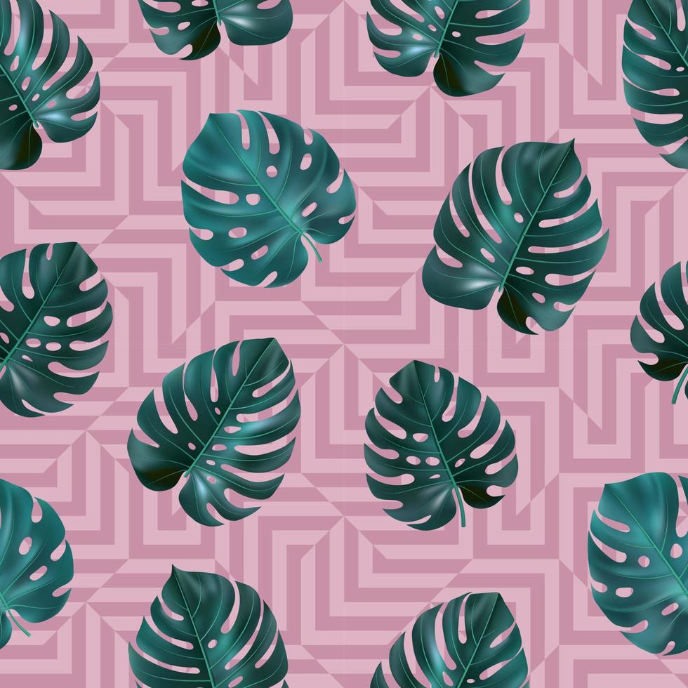 tropisches nahtloses muster mit grünen blättern monstera auf rosa geometrischem hintergrund. Vektorvorlage für Textilien, Tapeten, Websites, Karten, Stoffe, Webdesign. vektor