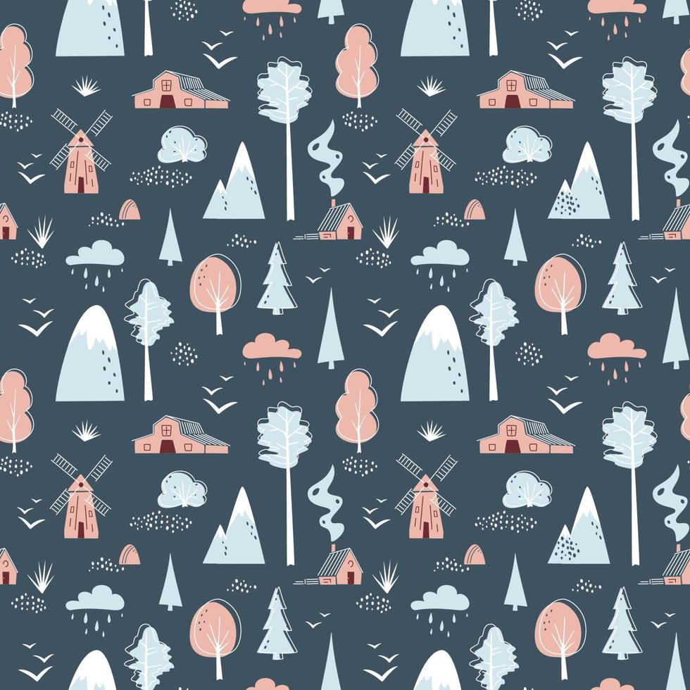 minimalistiska sömlösa mönster med berg, träd, hus och väderkvarn på mörkblå bakgrund. landskap i begränsade färger. vektor