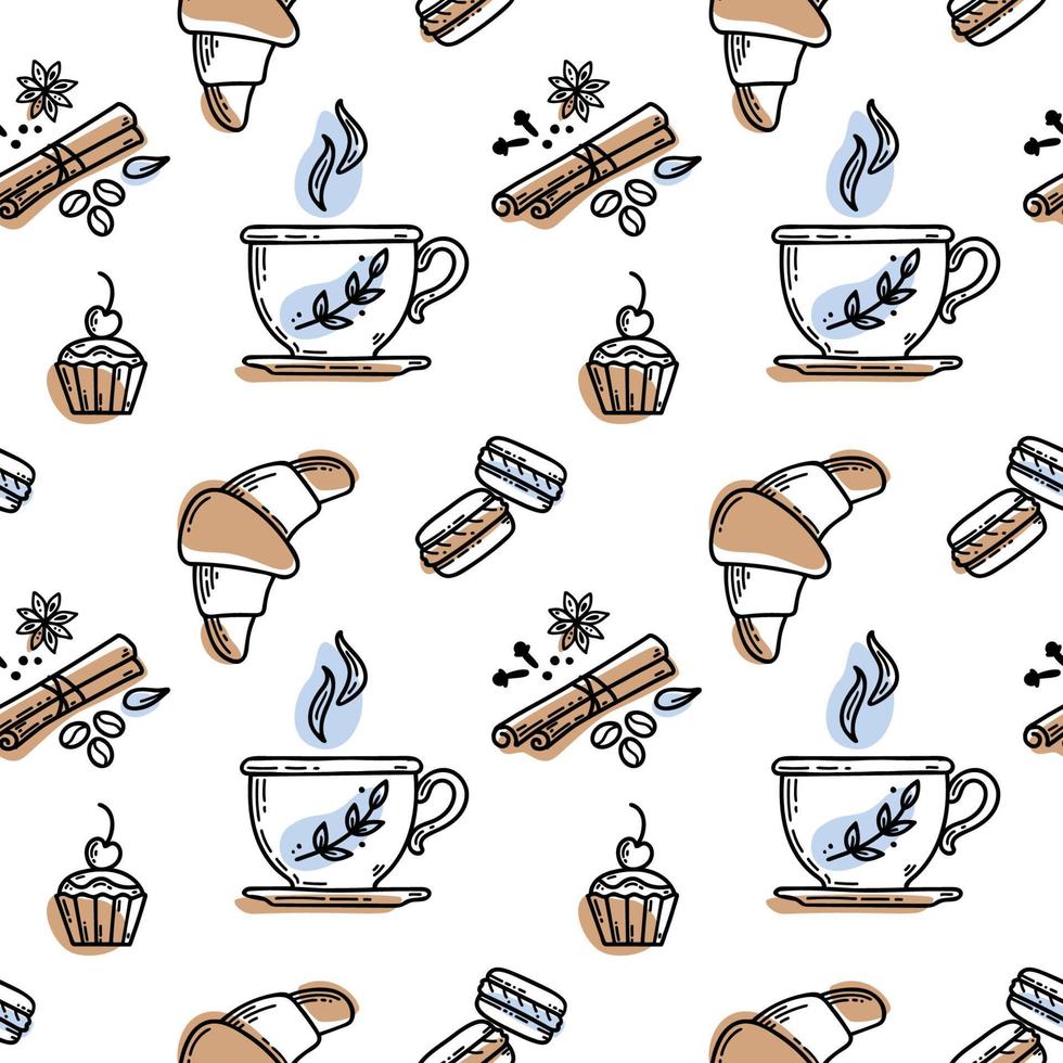 Vektor handgezeichnete Skizze Stil Tee oder Kaffee Muster. Tasse, Gewürze und Kaffeebohnen, Makronen, Kuchen, Croissant