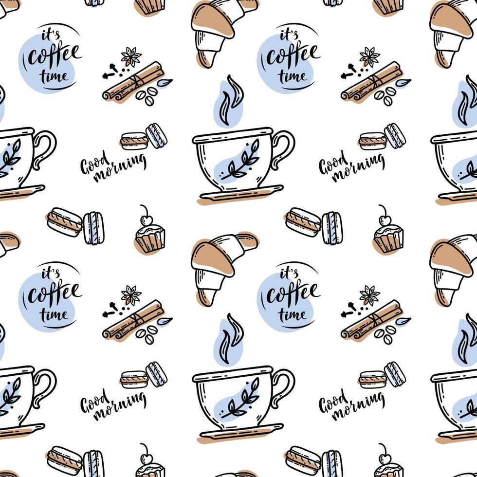 vektor handgezeichnete skizzenart oder kaffeemuster mit beschriftungszeichen. Es ist Kaffeezeit. kaffeetasse, gewürze und kaffeebohnen, makronen, kuchen, croissant