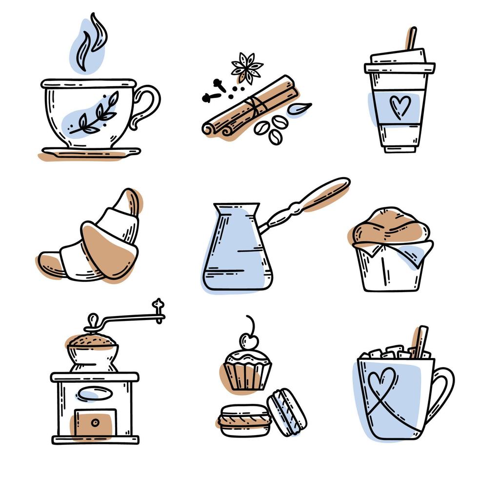 handgezeichnetes kaffeeset. vektorskizzenillustrationssatz mit tasse, cezve, gewürzen, kaffeemühle, croissant und anderen desserts vektor